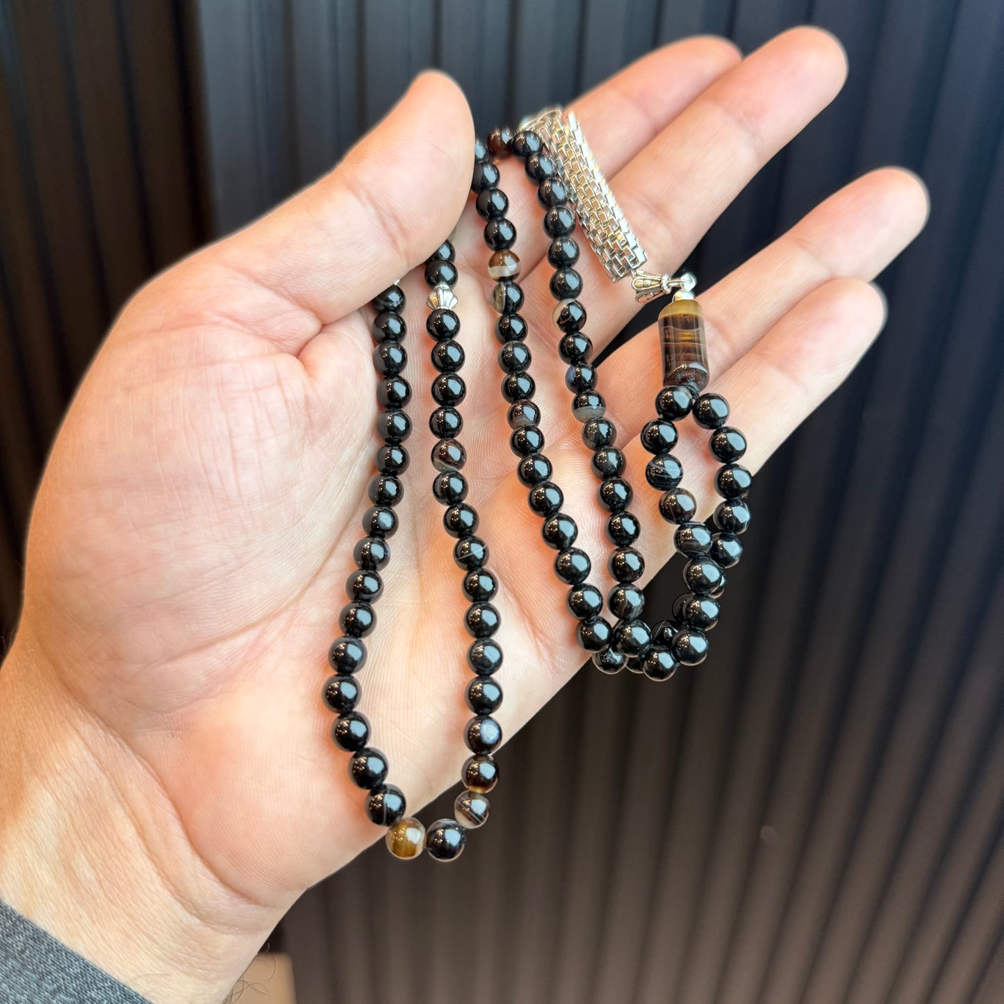 Premium Natural Sulamni Black Aqeeq Tasbih (100 Beads) | Handcrafted Stone Tasbih