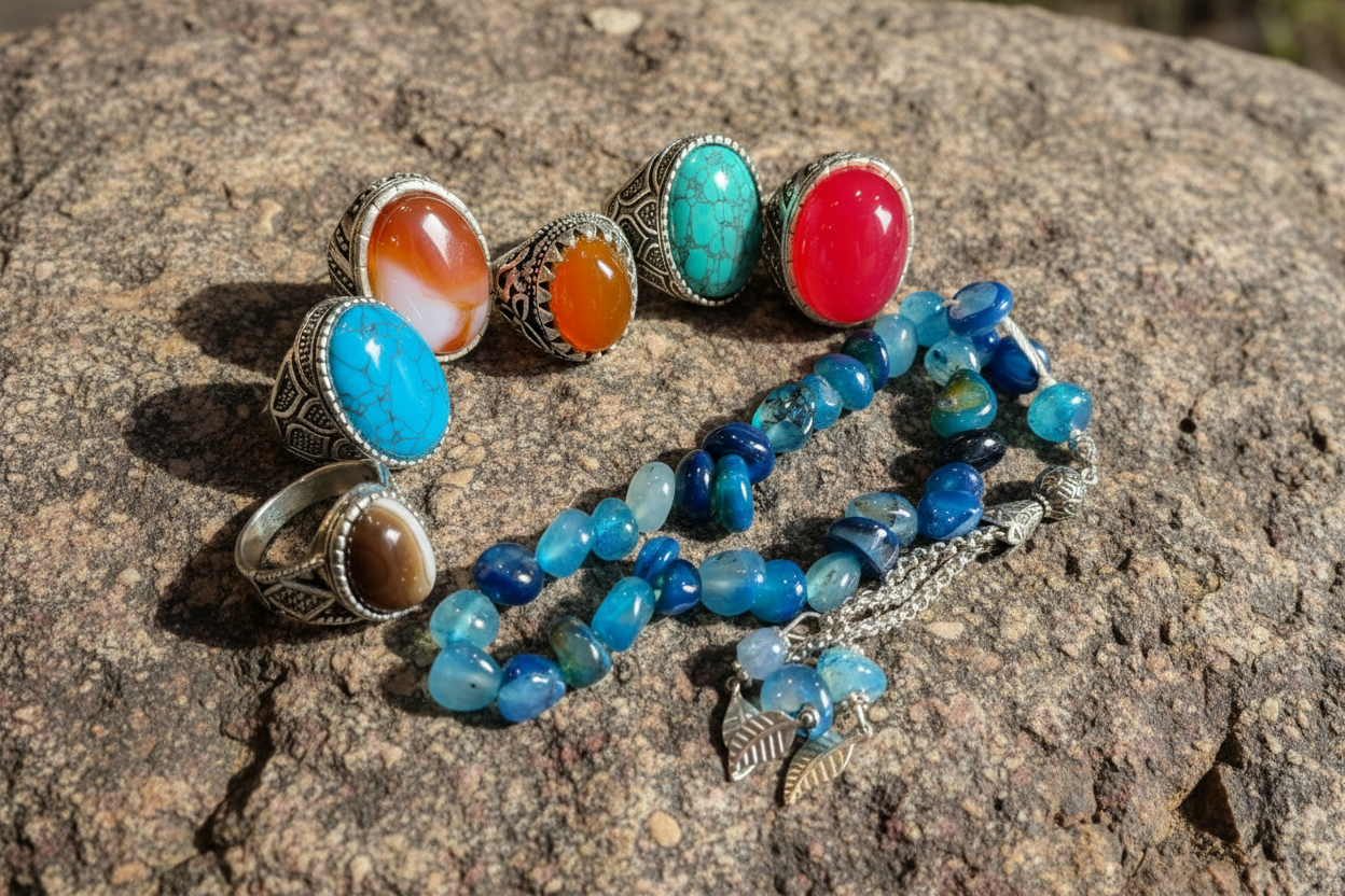Deal of 6 Gemstone Rings (Aqeeq, Yamni, Sulamani, Feroza) with Nellum Tasbih