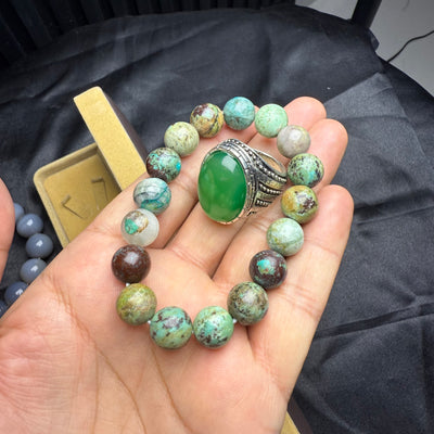 Green Aqeeq Ring with Stone Bracelet – Natural Stone Set