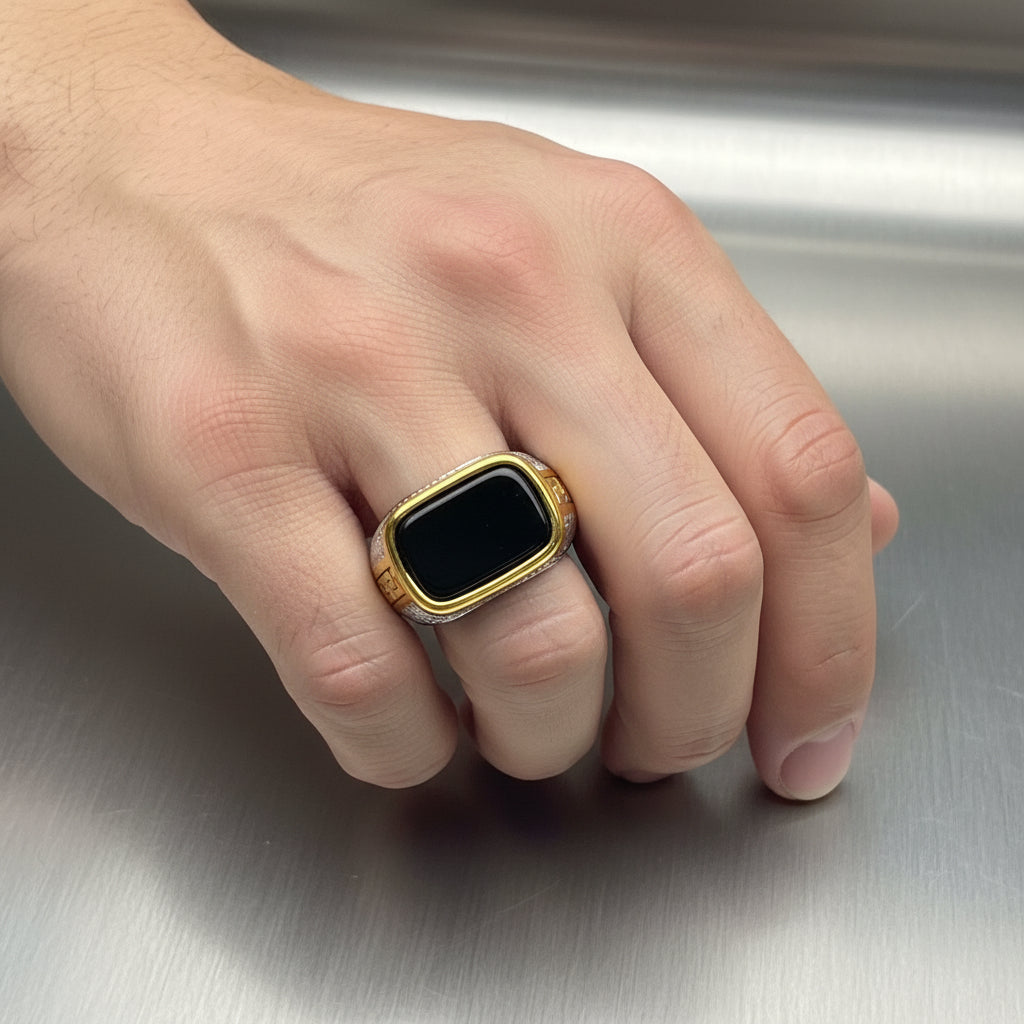 Italian Stainless Steel Black Aqeeq Ring with Free Home Delivery