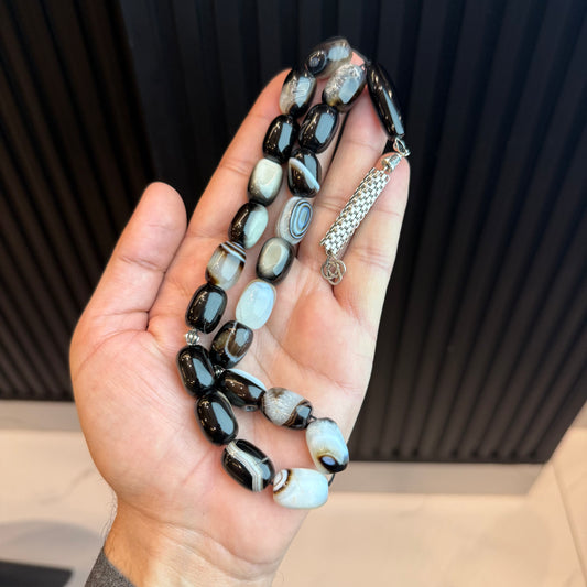 Premium Natural Sulamni Aqeeq White & Black Mix Tasbih | Handcrafted Stone Tasbih