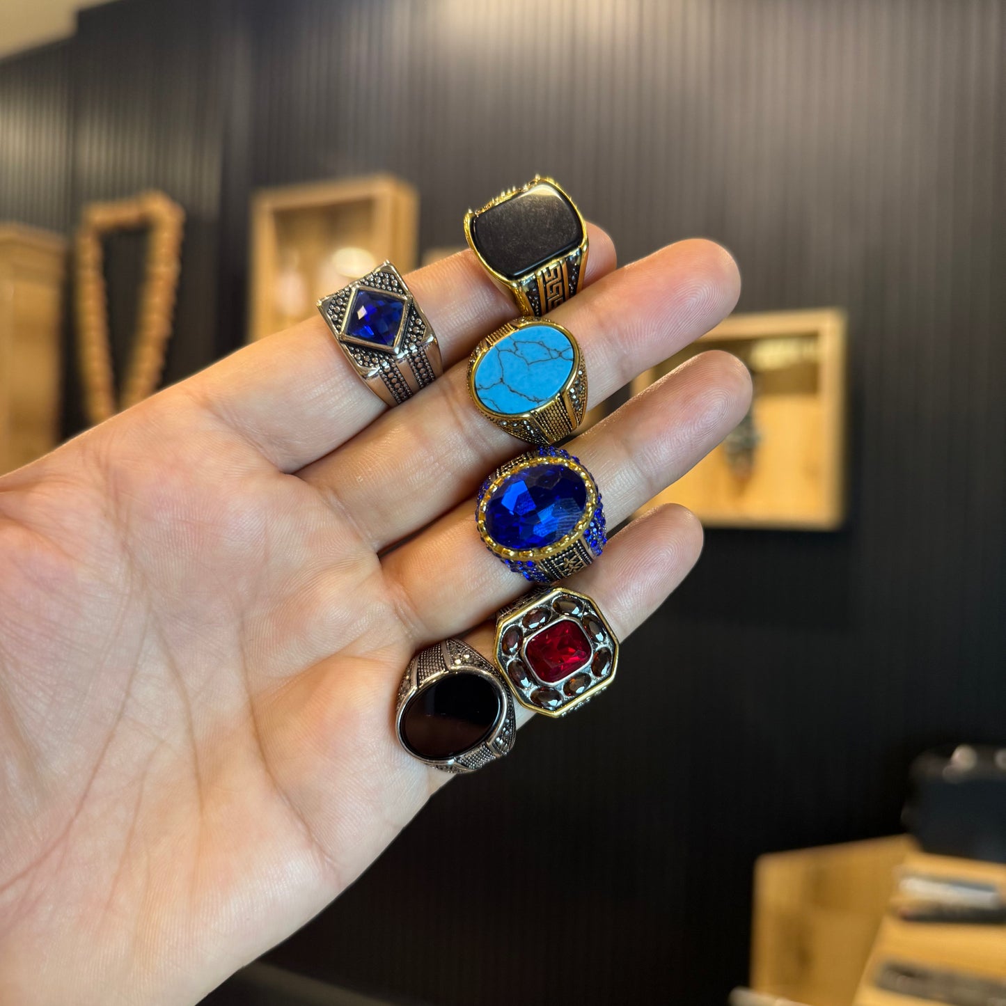 Deal of 7 — 6 rings (Neelum, Black Aqeeq & Feroza Rings with 5 Perfume Kit )| Top Selling Combo Note: Ring size will be confirmed after your order is received.