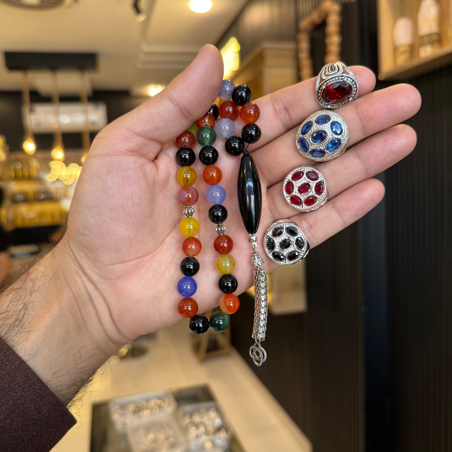 Mix Aqeeq Tasbih + Turkish 4 Stone Ring (Neelum, Ruby, Hematite, Zircon) — Free Delivery