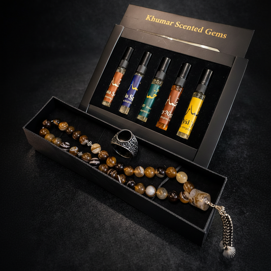 Premium Sulamani Aqeeq Tasbih + Black Aqeeq Ring + Top 5 Perfume Gift Box Deal — Free Delivery