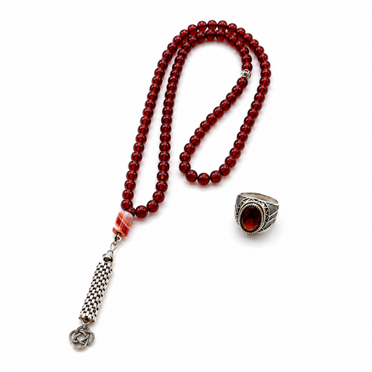 Premium Red Aqeeq Tasbeeh & Red Aqeeq Ring Deal – Only Rs. 2700