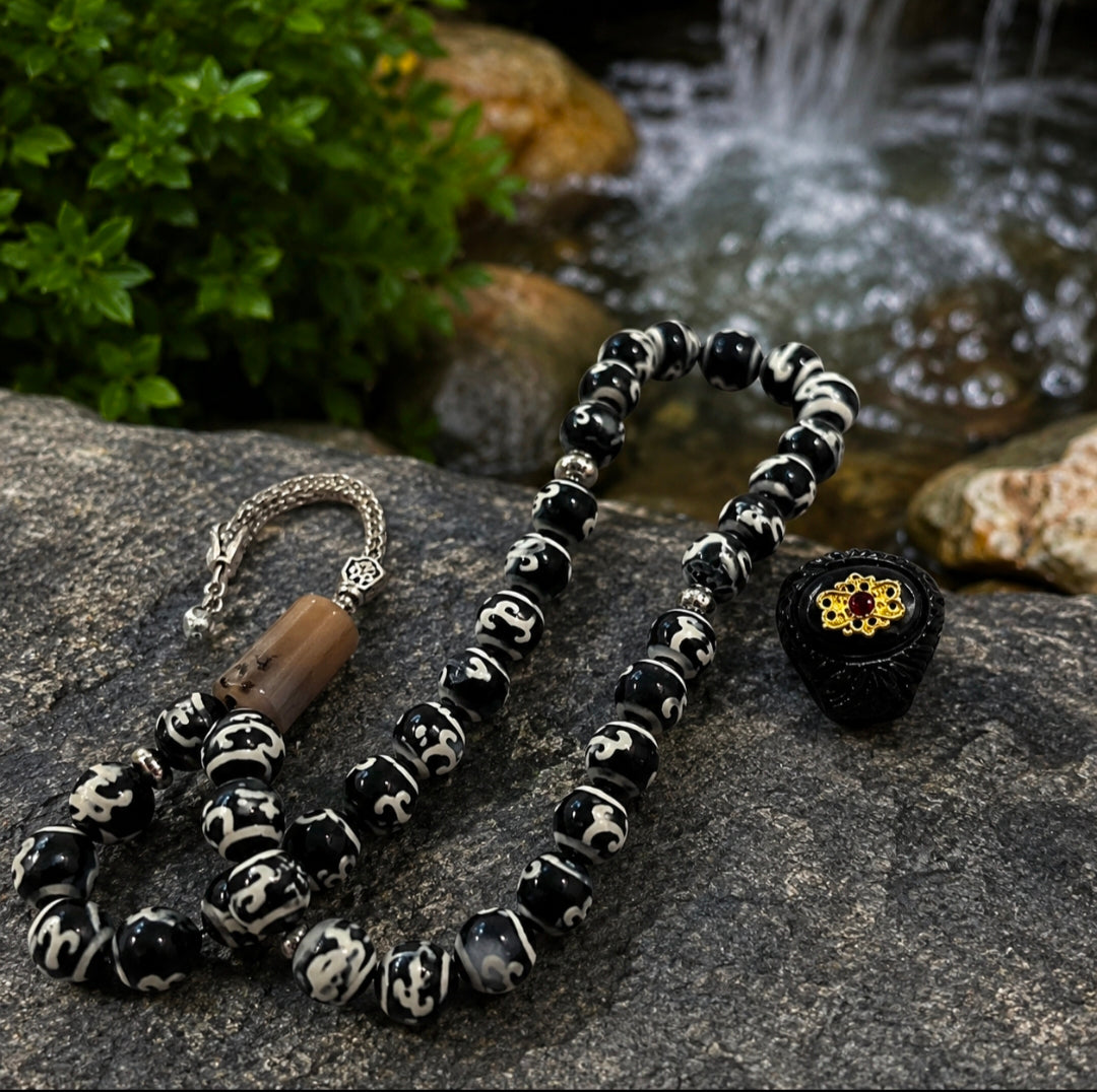 Original Sulamani Aqeeq Tasbeeh & Black Aqeeq Ring — Rs. 2,500
