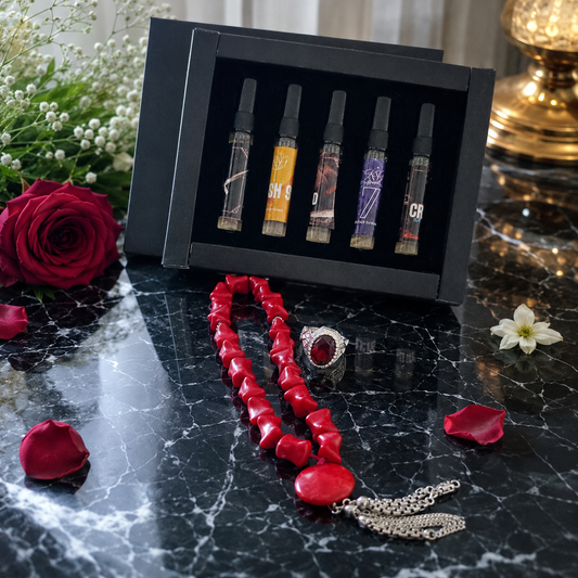 Marjan Tasbeeh & Red Aqeeq Ring with Premium Fragrance Set – Luxury Deal | Rs. 3800