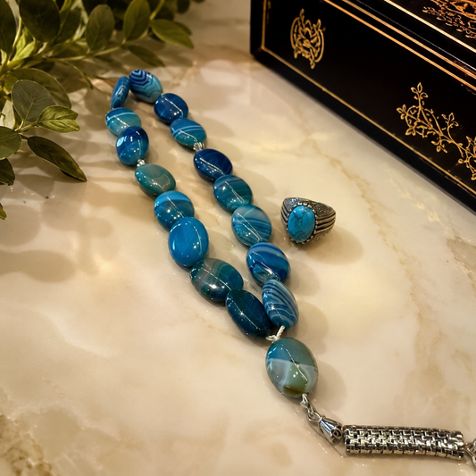 Blue Aqeeq Tasbeeh & Feroza Ring Premium Deal 💍